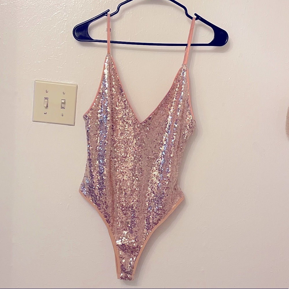 Forever 21 sequin body suit in rose gold